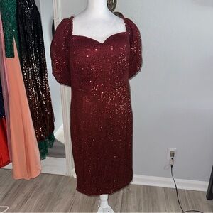 Embellished Red Sheath Dress with Puff Sleeves